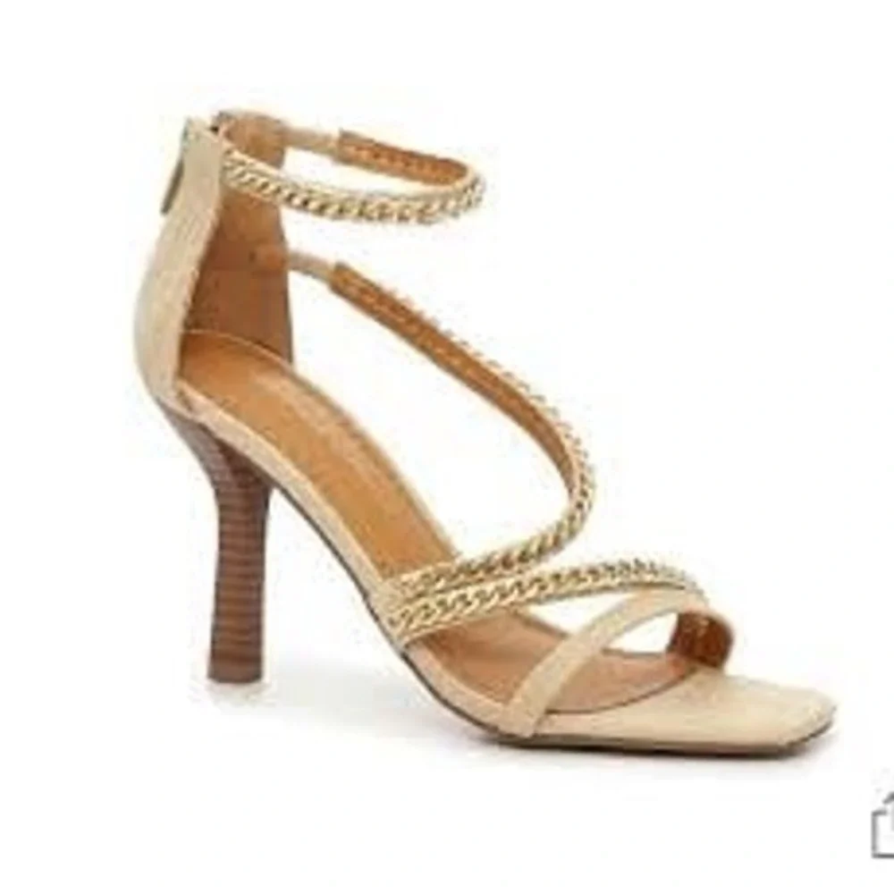 Adrienne Vittadini 8.5 Suede Chain Link Strappy Sandal Square Toe Stiletto Heels